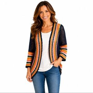 ABSOLUTELY FAMOUS Open-Front Navy Multicolor Crochet Sweater Cardigan Size Large